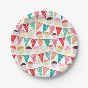 Plato De Papel Tortas Lindas y Fiesta Colorida con Banderines