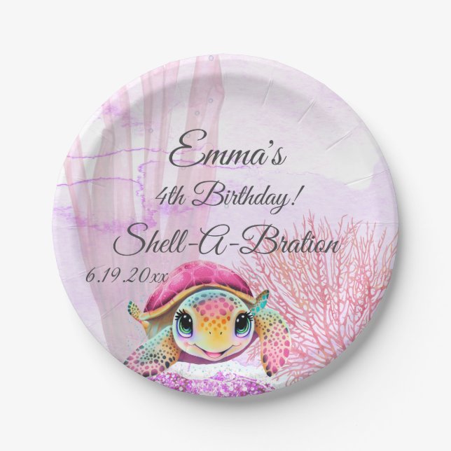 Plato De Papel Tortuga, cuarto cumpleaños, bajo el mar (Anverso)