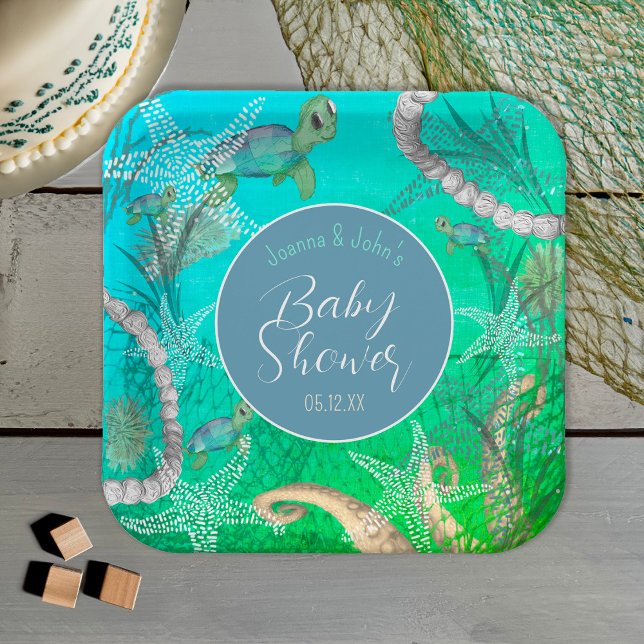 Plato De Papel Tortuga Cuta Bajo El Mar Baby Shower (Cute Turtle Under The Sea Baby Shower Paper Plates)
