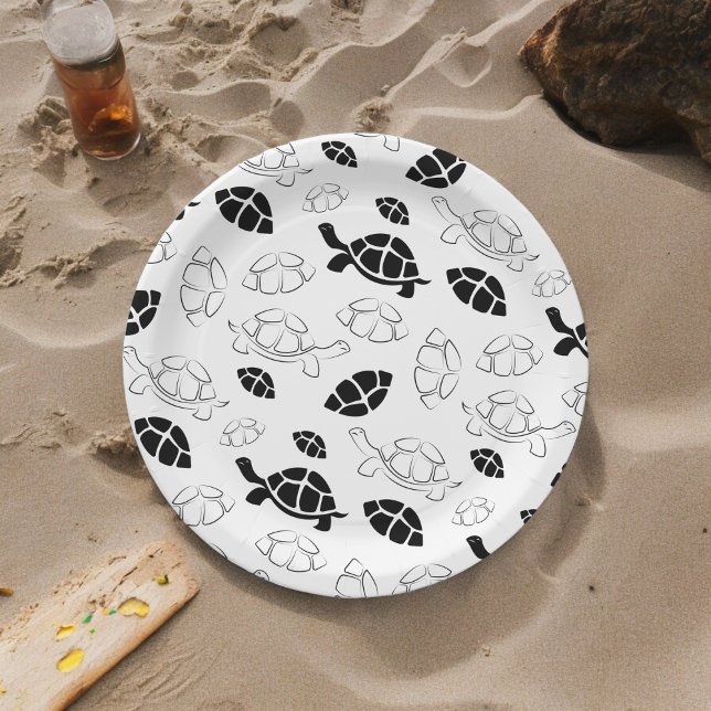 Plato De Papel Tortuga de Blanco y Negro (black white turtle,birthday,wedding,baby shower,special occasion event paper plate party supplies)