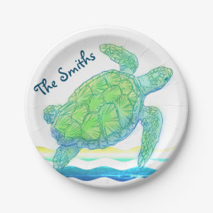 Plato De Papel Tortuga de mar azul y verde