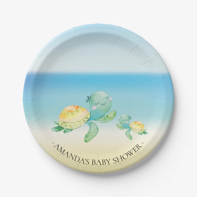 Plato De Papel Tortuga de mar linda Baby Shower 7" placa (Anverso)