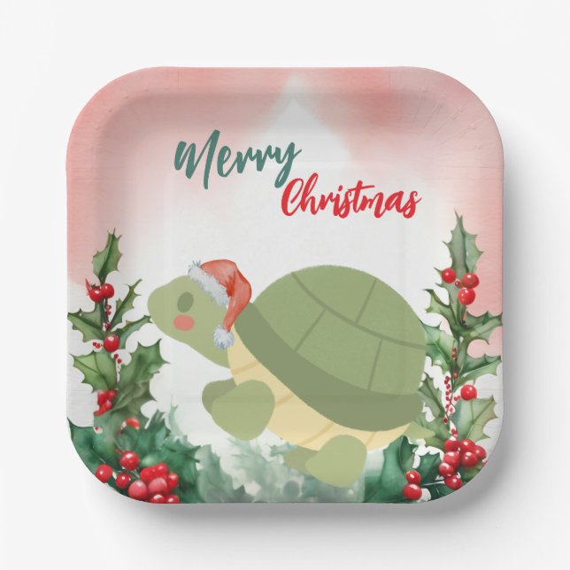 Plato De Papel Tortuga de navidad Santa Xmas, fiesta (Anverso)