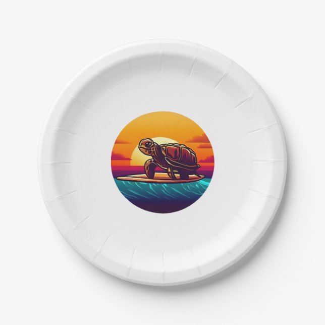 Plato De Papel Tortuga en tabla de surf al atardecer (Anverso)
