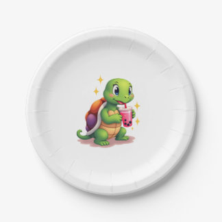 Plato De Papel Tortuga linda bebiendo boba. Tortugas Boba Diverti