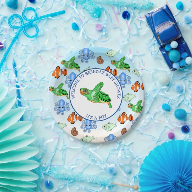 Plato De Papel Tortuga marina bajo el mar Tema de Baby Shower (Fiesta)