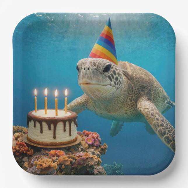 Plato De Papel Tortuga marina con pastel de cumpleaños (Anverso)