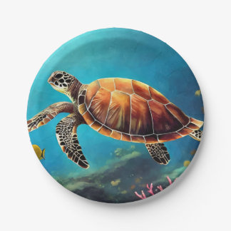 Plato De Papel Tortuga marina en acuarela