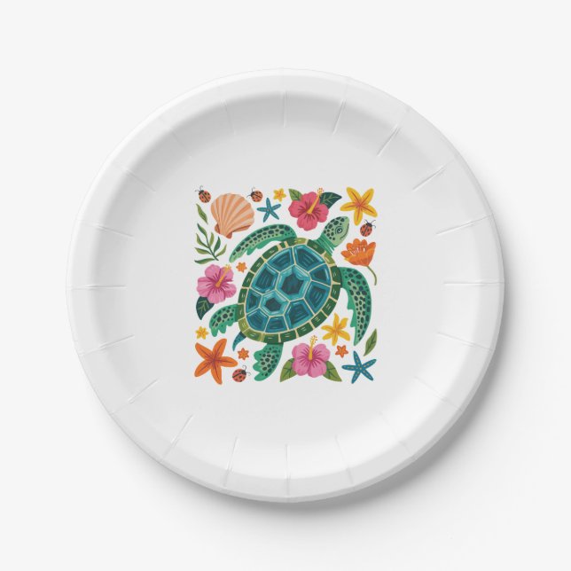 Plato De Papel Tortuga marina floral de Boho (Anverso)