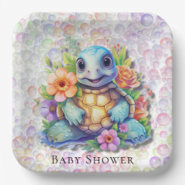Plato De Papel Tortuga marina floral y burbujas Baby Shower