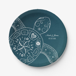 Plato De Papel Tortuga marina hawaiana blanca en una Verde azulad
