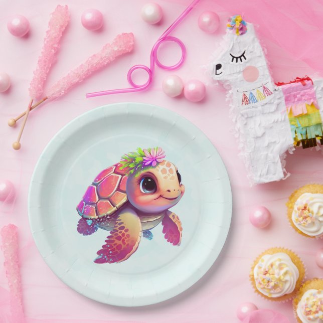 Plato De Papel Tortuga marina rosa caprichosa y linda (Fiesta)