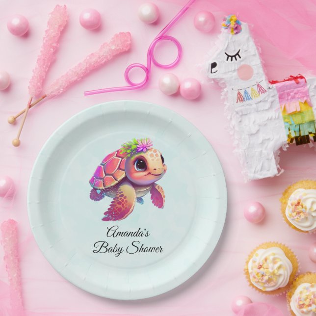 Plato De Papel Tortuga marina rosada caprichosa y fina Baby Showe (Fiesta)