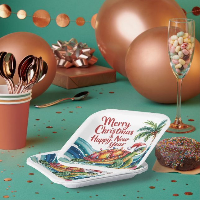 Plato De Papel Tortuga navidad en el paraíso (Multi)