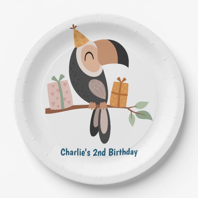 Plato De Papel Toucan con gorras fiestas y regalos (Anverso)