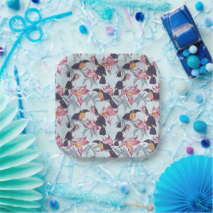Plato De Papel Toucanes Con Flores Exóticas