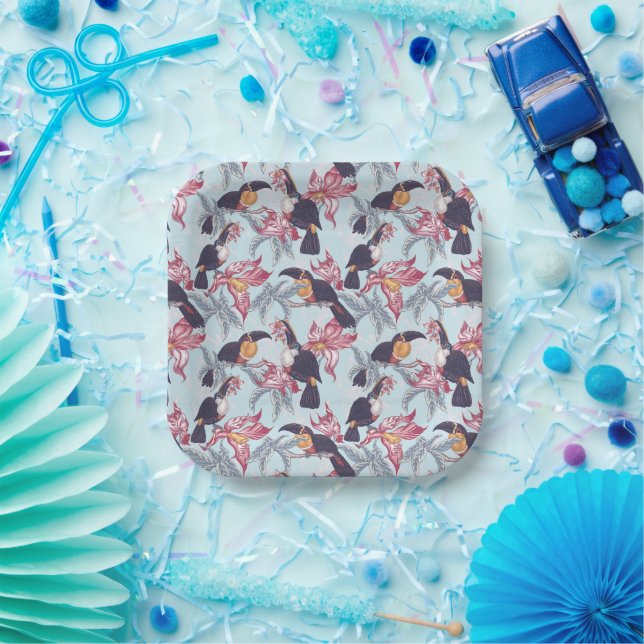 Plato De Papel Toucanes Con Flores Exóticas (Fiesta)