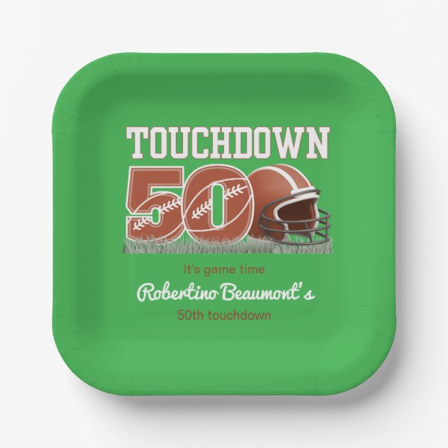 Plato De Papel Touchdown Fifty Funny Football 50 cumpleaños (Anverso)