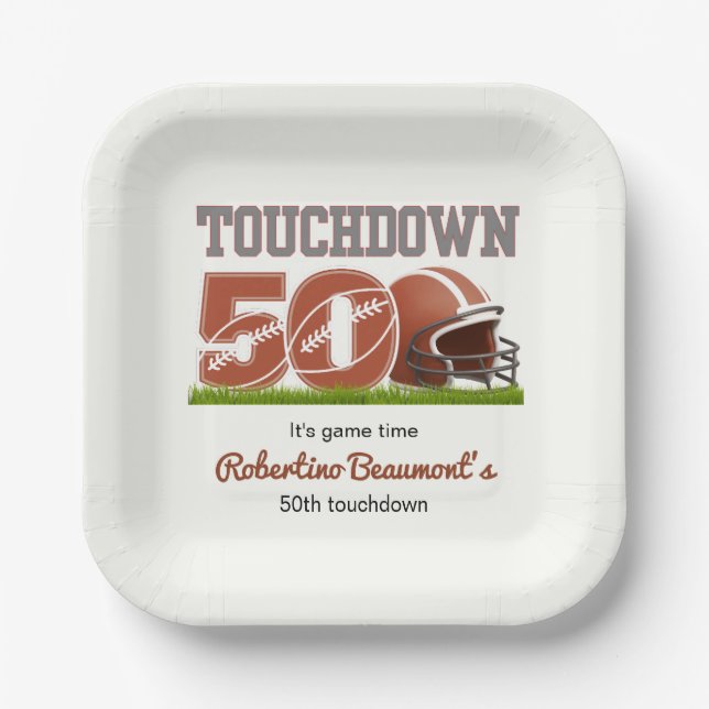 Plato De Papel Touchdown Fifty Funny Football 50 cumpleaños (Anverso)