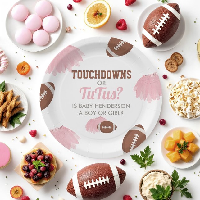 Plato De Papel Touchdowns o Tutús Revelación de Género (Touchdowns or Tutus Gender Reveal Paper Plates)
