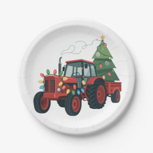 Plato De Papel Tractor con remolque Santa granja agricultor Navid