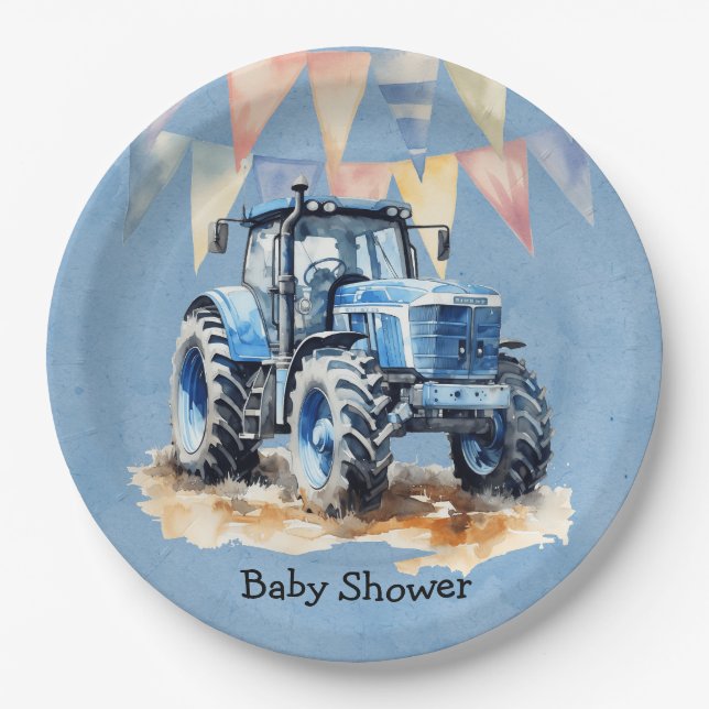 Plato De Papel Tractor de agua azul Baby Shower (Anverso)