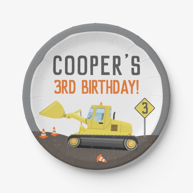 Plato De Papel Tractor de Construcción Cumpleaños Cualquier Edad (Anverso)