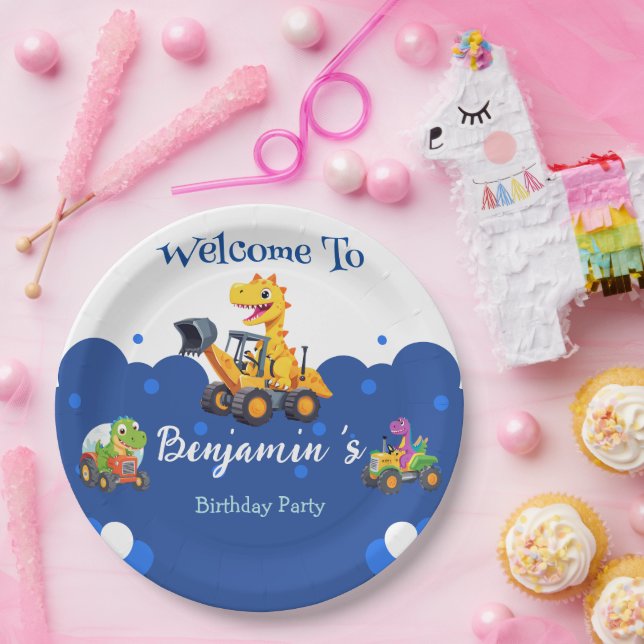 Plato De Papel Tractor de dinosaurio lindo cavar globo de camión  (Fiesta)