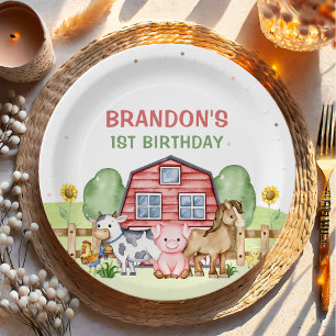Plato De Papel Tractor Farm Animals 1er cumpleaños
