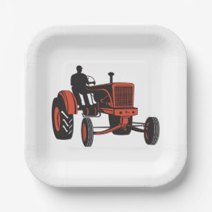 Plato De Papel Tractor Rojo Antiguo Retro Granjero