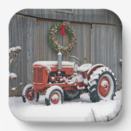 Plato De Papel Tractor Rojo Con Corona De Navidad