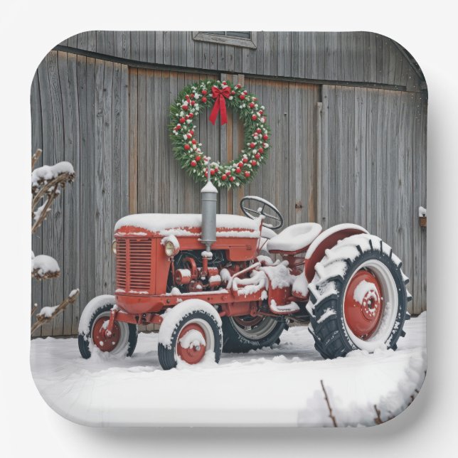 Plato De Papel Tractor Rojo Con Corona De Navidad (Anverso)