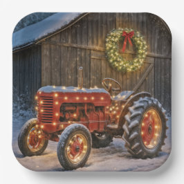 Plato De Papel Tractor rojo de granja de Navidad con corona lumin