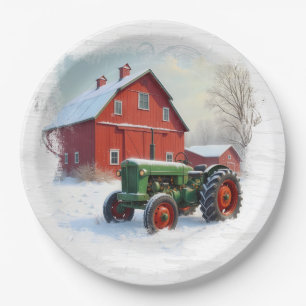 Plato De Papel Tractor verde de granja y granero rojo de Navidad