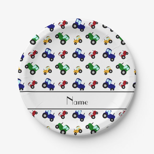 Plato De Papel Tractores blancos de nombre personalizado (Anverso)