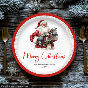 Plato De Papel Tradicional Santa Claus Acogedor Rojo Blanco Cena 