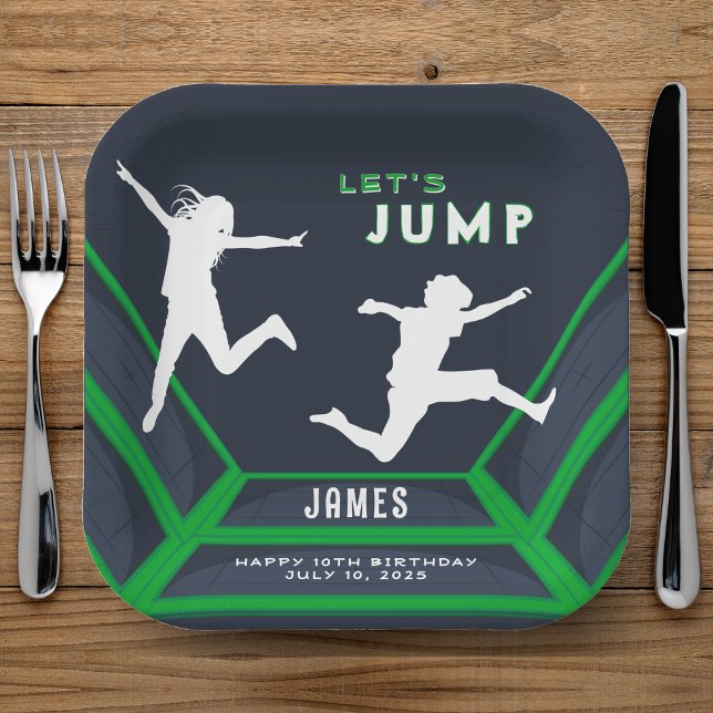 Plato De Papel Trampoline Park Vamos a saltar a la fiesta de cump (Trampoline Park Let's Jump Green Birthday Party Paper Plates
)
