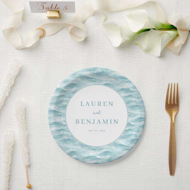 Plato De Papel Tranquil Blue Wave Ocean (Boda)