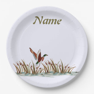 Plato De Papel Tranquila escena mallard Duck Over Cattails