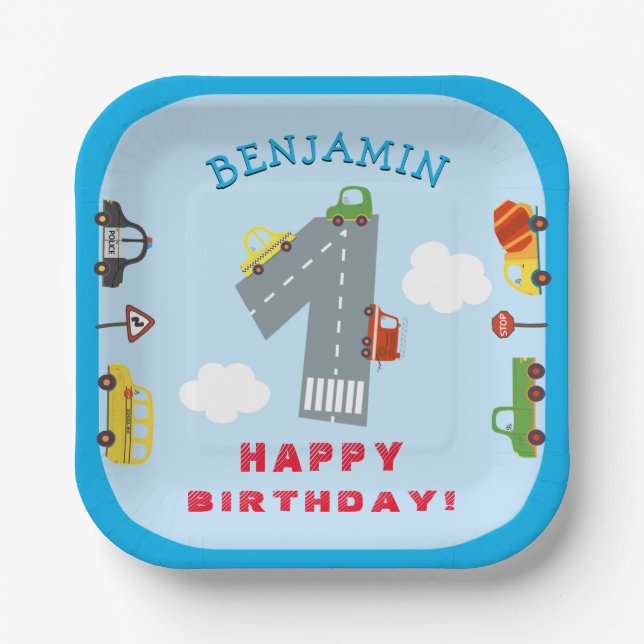 Plato De Papel Transporte Fiesta de primer cumpleaños (Anverso)