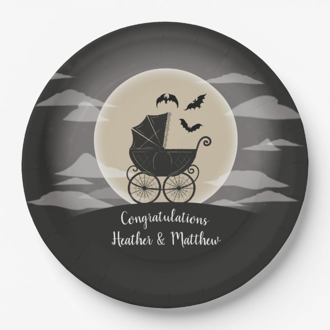 Plato De Papel Transporte gótico Baby Shower Halloween (Anverso)