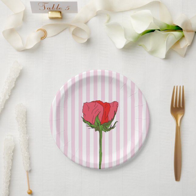 Plato De Papel Trazo rosa de flor Rosa (Boda)