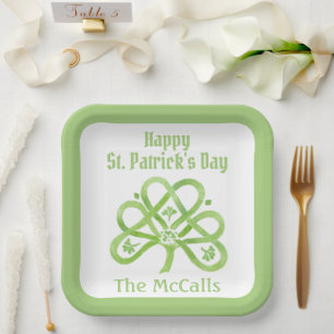 Plato De Papel Trébol de Acuarela Verde Celta Día de San Patricio