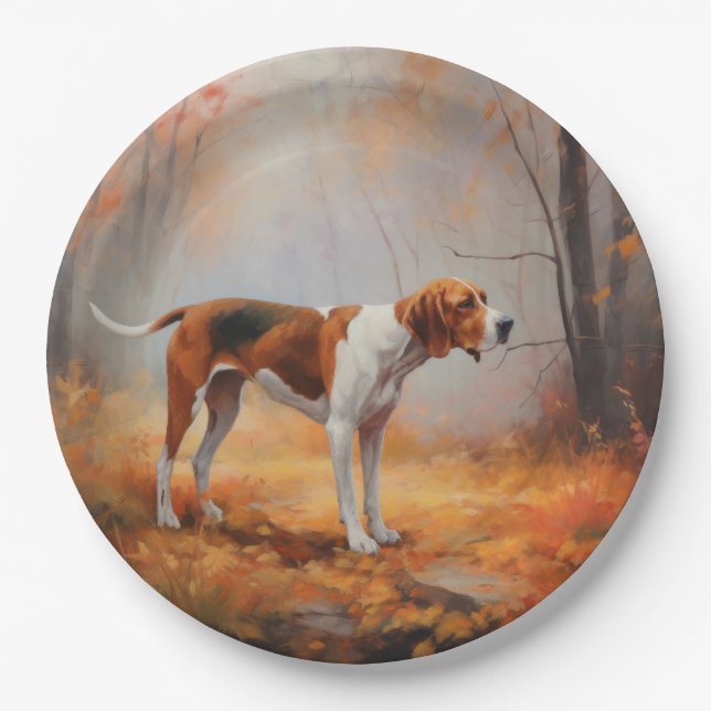 Plato De Papel Treeing Walker Coonhound in Autumt Leaves fall (Anverso)