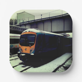 Plato De Papel Tren amarillo y turquesa