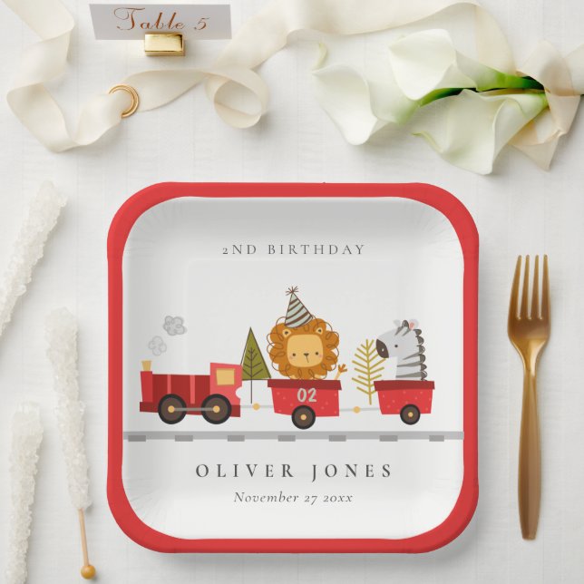 Plato De Papel Tren animal de Red Woodland Cute cualquier cumplea (Boda)