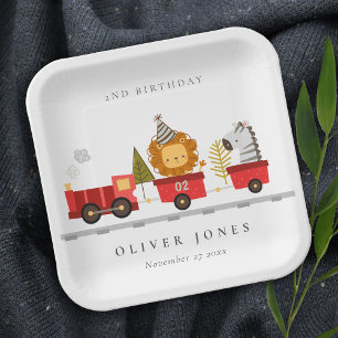 Plato De Papel Tren animal de Red Woodland Cute cualquier cumplea