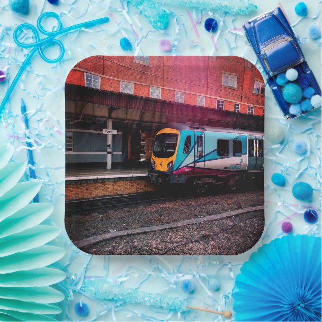 Plato De Papel Tren azul claro (Fiesta)