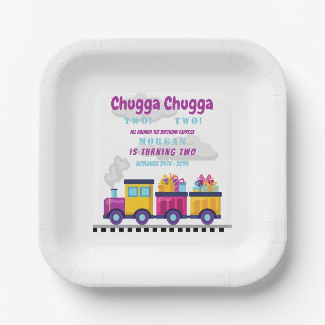 Plato De Papel Tren Chugga Choo Personalizado segundo cumpleaños (Anverso)