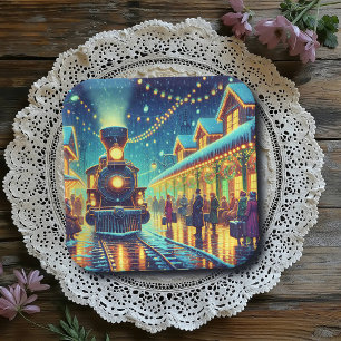 Plato De Papel Tren de época en una noche de nieve